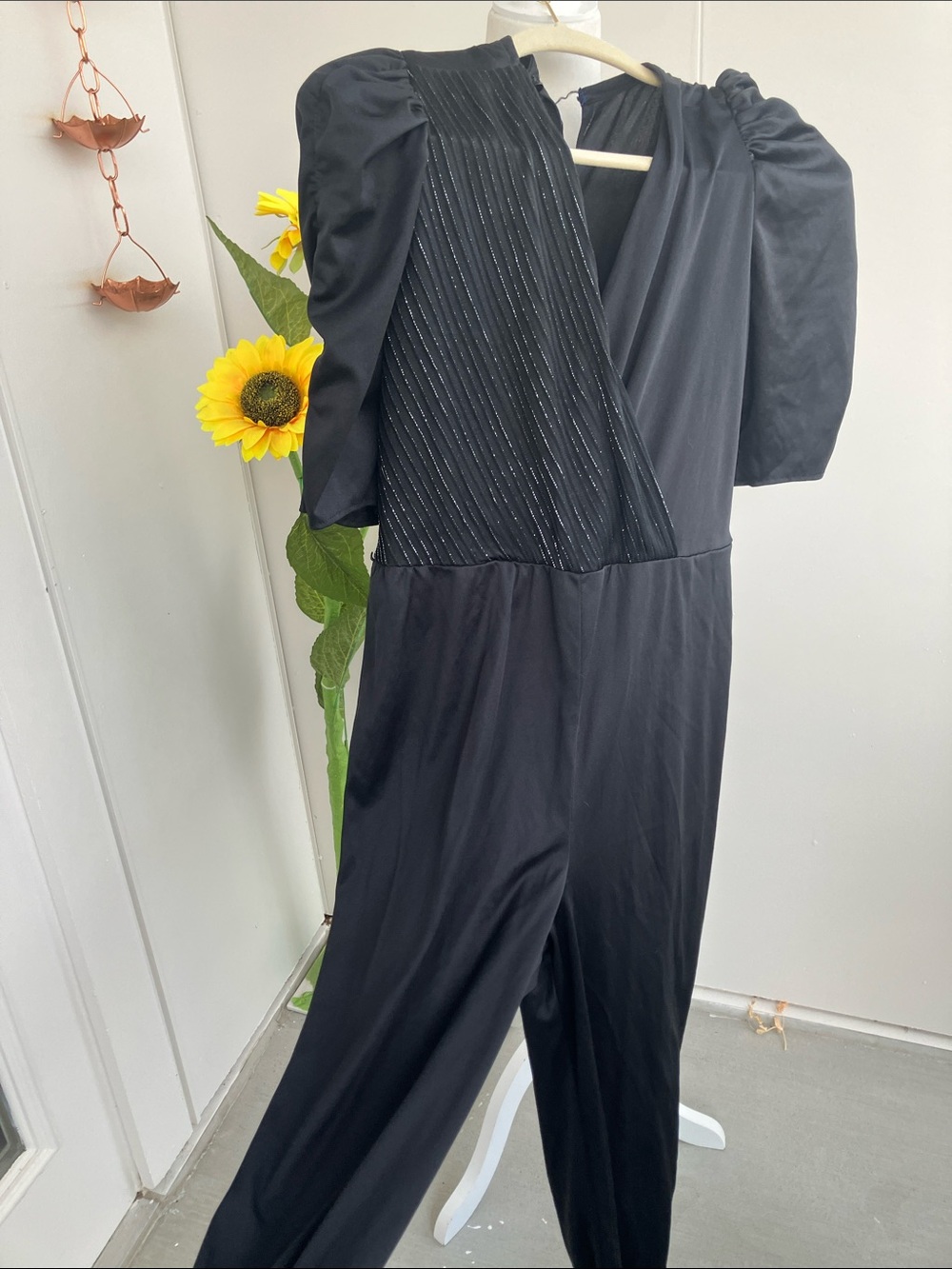 Vintage 80s Glam Ruched Sleeves Solid Black Jumpsuit Silver Pinstripes AS IS